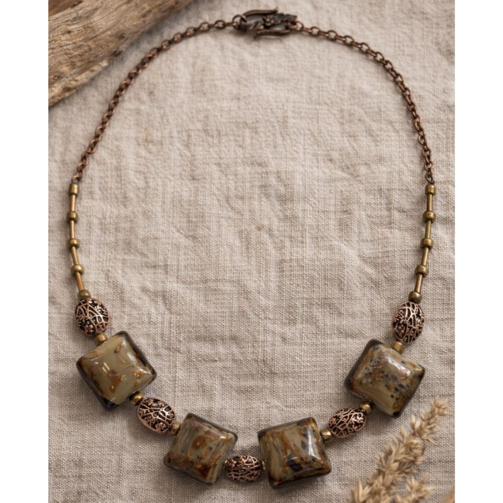 Vintage Antiqued Boho Organic Maximalism Marbled Square Filigree Choker